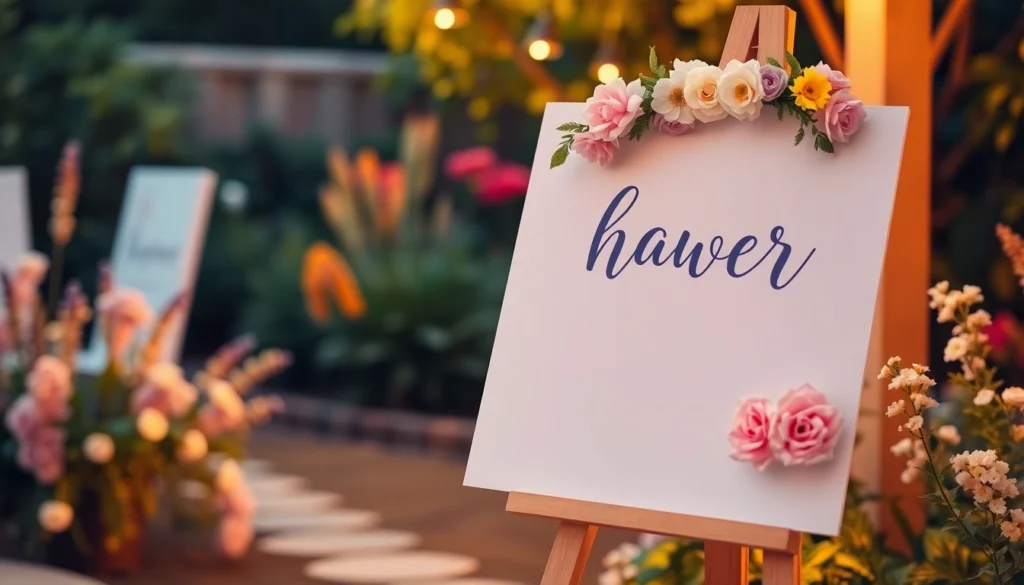 Baby shower welcome sign with floral design and personalized message welcoming guests to the celebration, styled in soft pastel tones.