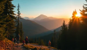 Hikers enjoying a scenic hike through lush forests and mountains in Indonesia, capturing adventure and nature.