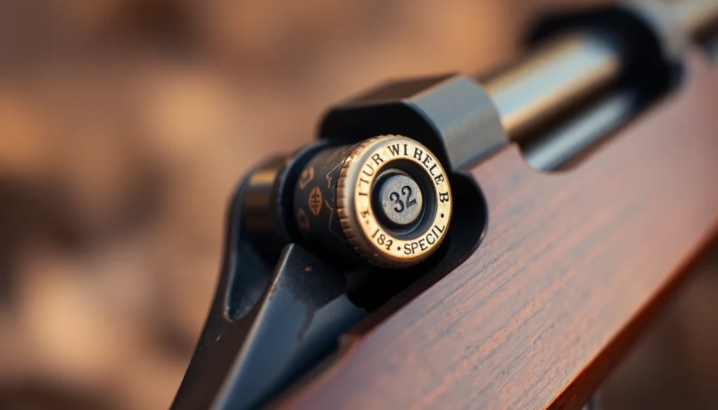 The 32 WIN cartridge showcased in a classic Winchester rifle with a vintage hunting backdrop, highlighting heritage and precision.