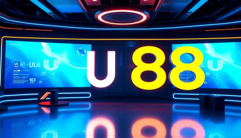Professional-looking logo of UU 88 on digital screens, emphasizing brand presence and modernity for online casino or gaming services.