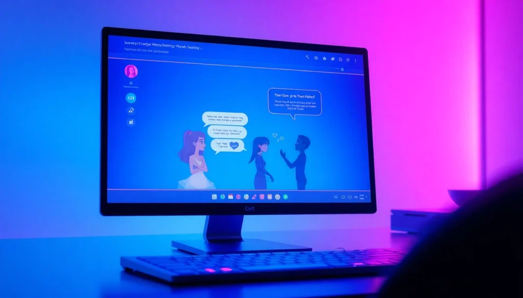 Futuristic digital interface showing AI chat with sensual themes in vibrant neon colors.