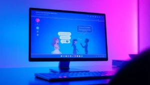 Futuristic digital interface showing AI chat with sensual themes in vibrant neon colors.