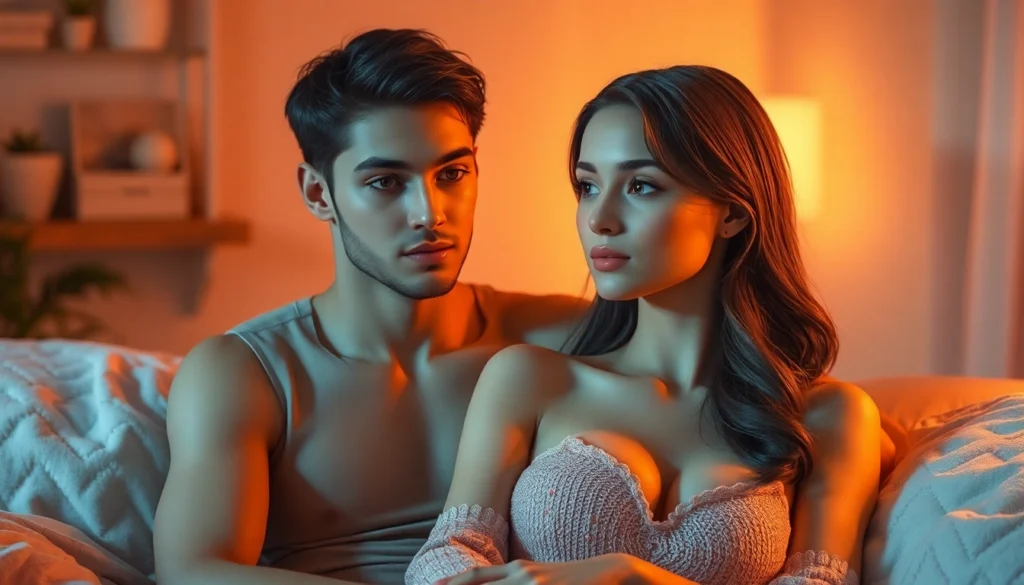Engaging AI girlfriend in a NSFW scene with detailed facial expressions and inviting posture, highlighted in soft glow