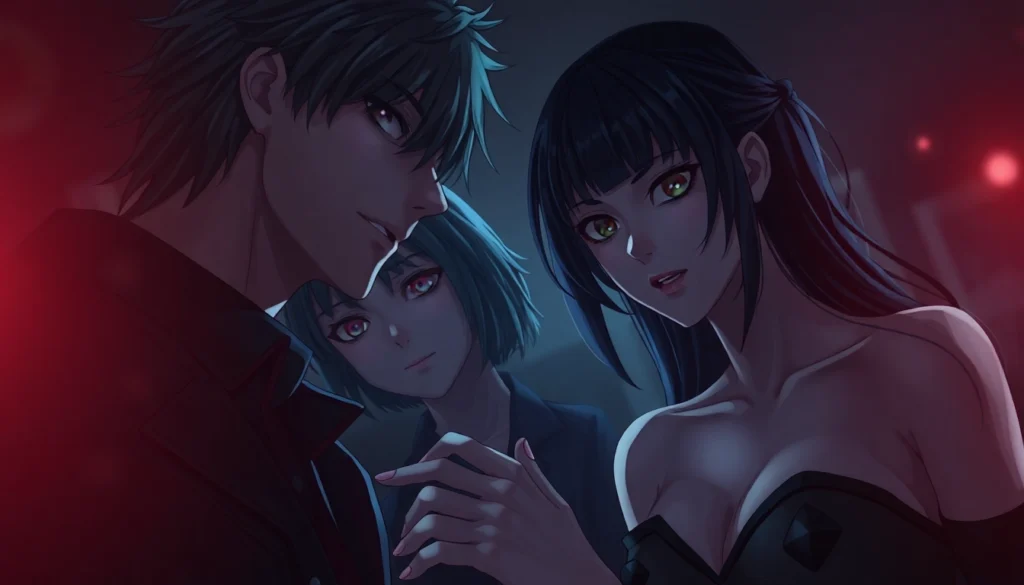 Detailed NSFW AI-generated scene of anime characters with realistic lighting and sensual poses designed for adult content creators.