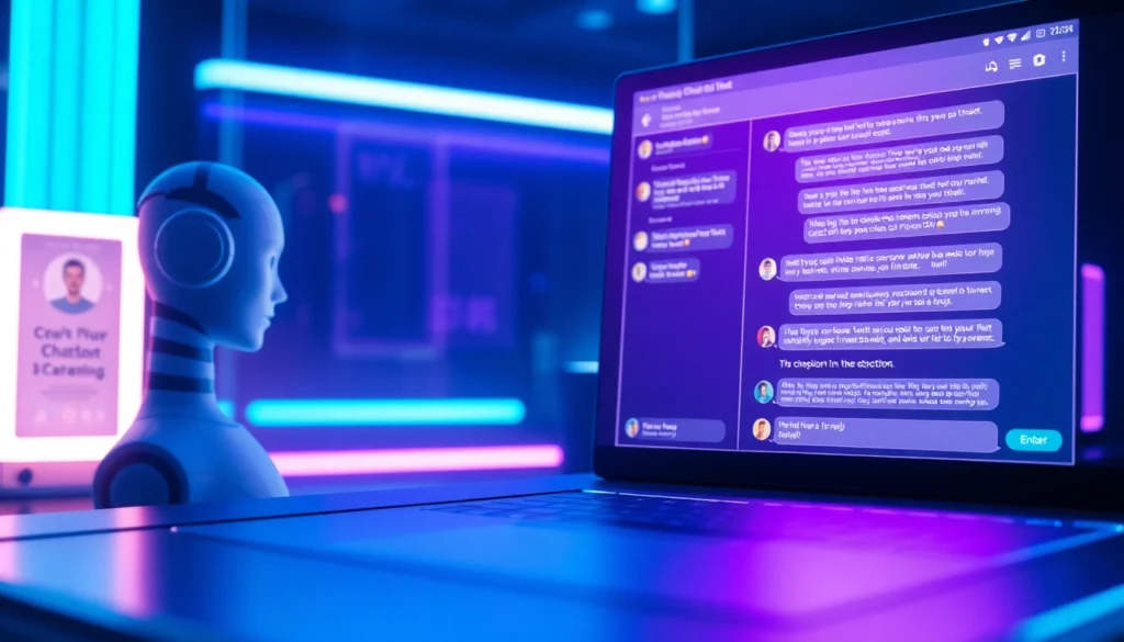 Futuristic chatbot interface on a digital screen with AI avatar and chat window, surrounded by neon accents and modern tech environment.