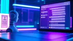 Futuristic chatbot interface on a digital screen with AI avatar and chat window, surrounded by neon accents and modern tech environment.