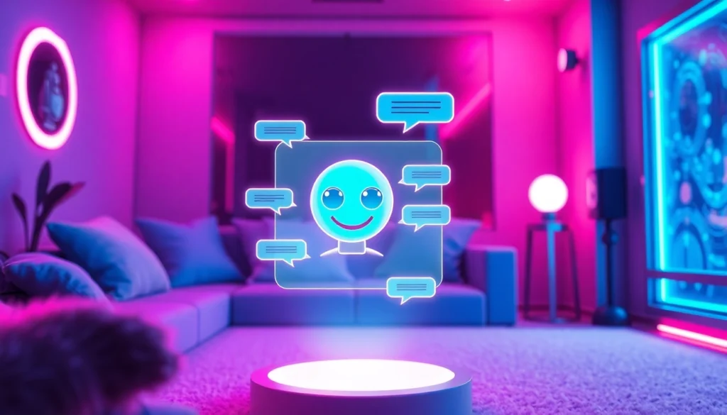 Futuristic chat room with AI character engaging in conversation, glowing holographic interface, cozy and high-tech atmosphere.