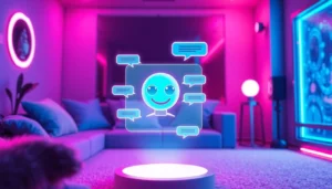 Futuristic chat room with AI character engaging in conversation, glowing holographic interface, cozy and high-tech atmosphere.