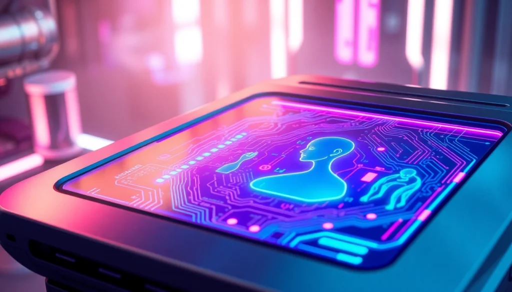 Futuristic AI chatbot interface with holographic elements and neon lighting