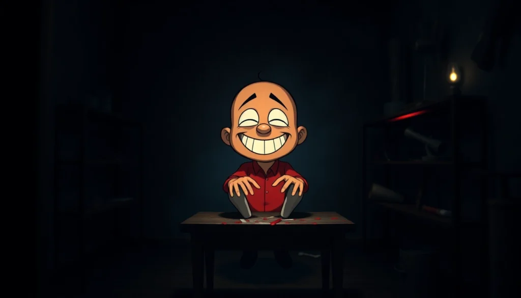 A disturbing scene of Harvey, a cheerful cartoon character, sitting at a cluttered table with tools, showing signs of pain and suffering in a dark, gritty room.