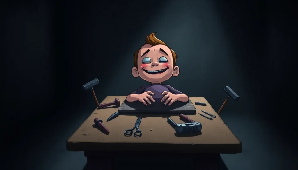 A disturbing scene of Harvey suffering, surrounded by violent tools, in a dark, shadowy room.