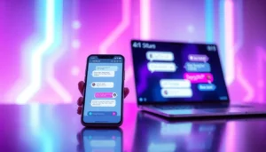 A person using a smartphone and laptop to chat with AI characters in a vibrant, futuristic setting.
