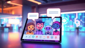 Illustration of a futuristic chat interface with expressive AI characters on a tablet in a modern setting.