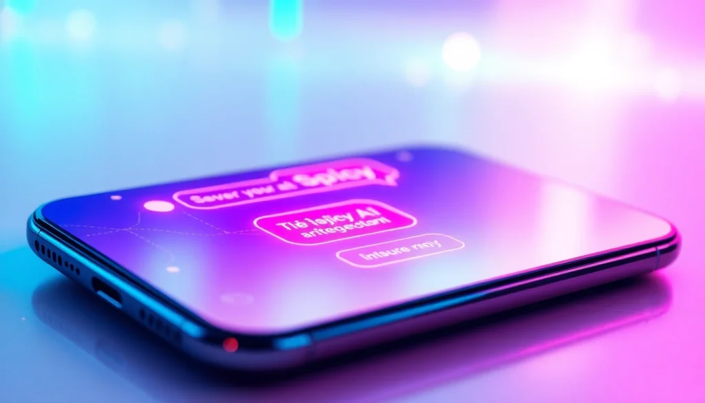A smartphone displaying a vibrant chat conversation with glowing text bubbles on a colorful digital background.