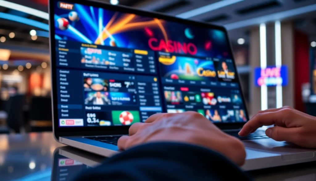 An engaging image of a digital betting platform with sports and casino games on a laptop, illuminated by neon lights, emphasizing excitement and modern technology.