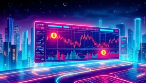 Crypto exchange platform featuring advanced trading interface with blockchain visuals and