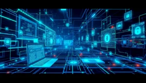 KJC logo on a sleek digital platform emphasizing connectivity, security, and innovation, representing a global tech entertainment ecosystem, accessible and professional.