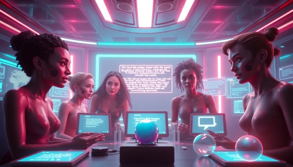 Dynamic NSFW AI Image Generator showcase: five distinct avatars in a neon studio.