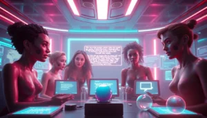 Dynamic NSFW AI Image Generator showcase: five distinct avatars in a neon studio.