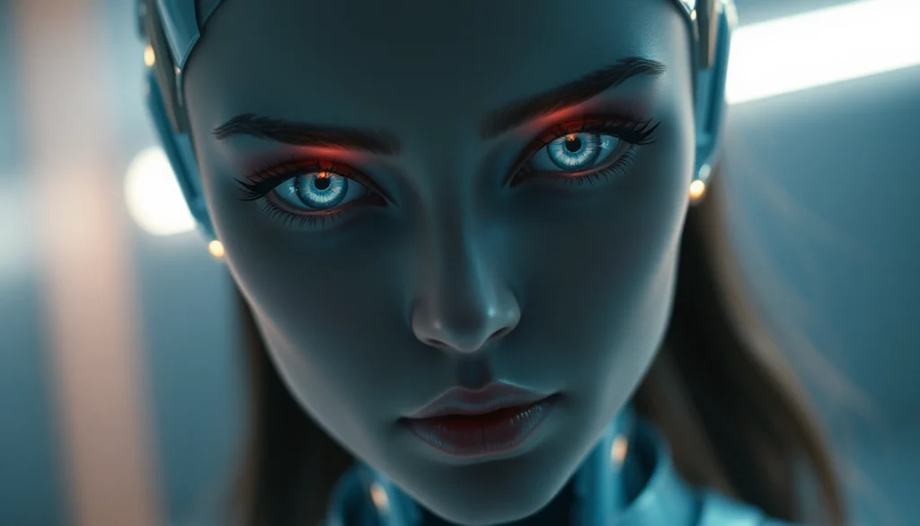 AI girlfriend app illustration: Futuristic digital girl avatar with glowing eyes and sleek design, emphasizing intimacy and technology.