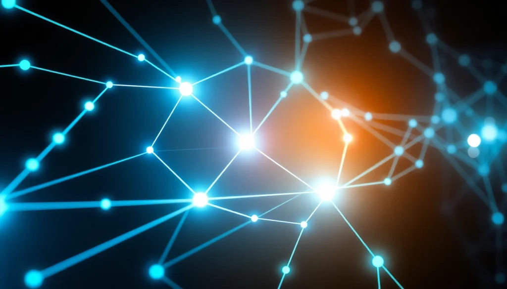 Visual illustrating blockchain technology with interconnected digital blocks and cryptographic links, emphasizing security and decentralization.