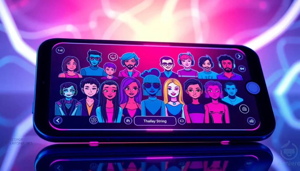 Futuristic digital chat interface with colorful AI avatars and glowing neon accents, evoking a high-tech, intimate atmosphere.