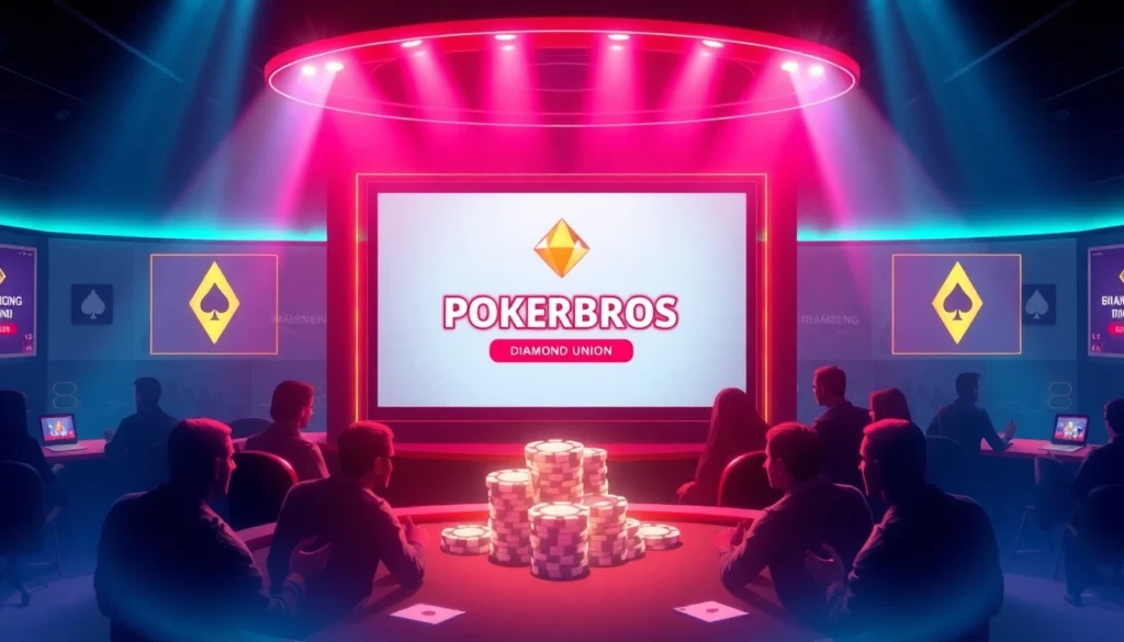Pokerbros Diamond Union online poker room with lively players and vibrant branding visuals