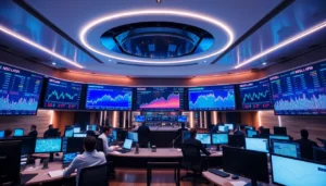 Business News overview showing financial experts analyzing market trends on digital screens