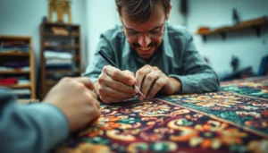 Professional technicians performing Restauro Tappeti milano on vintage carpet in a dedicated