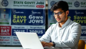 State Govt Jobs success Candidate reviewing application forms on a laptop with official banners