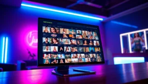 An illustration of a modern adult website interface displaying video thumbnails on a computer screen with colorful neon lighting in the background.