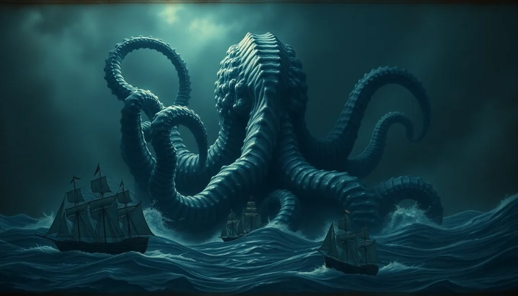 Historic illustration of the legend showing a giant squid attacking a ship in stormy seas with