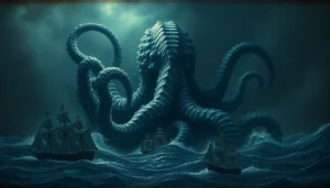 Historic illustration of the legend showing a giant squid attacking a ship in stormy seas with