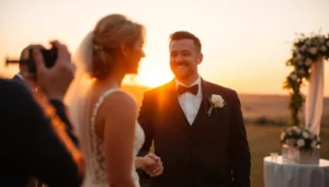 Skilled eskuvo fotos capturing authentic moments of a bride and groom at sunset in a natural