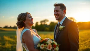 Professional eskuvo fotos captures candid moments with a joyful couple outdoors during sunset